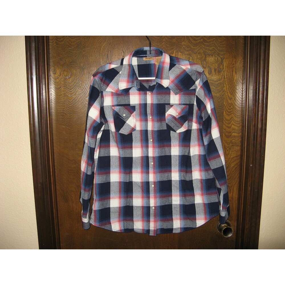 Mens Wrangler Pearl Snap Plaid Flannel LS Western Cowboy BOHO Shirt Size XL